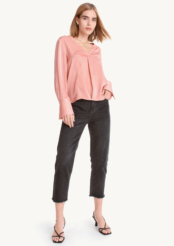 Long Sleeve Split Neck Blouse With Front Pleat Underline